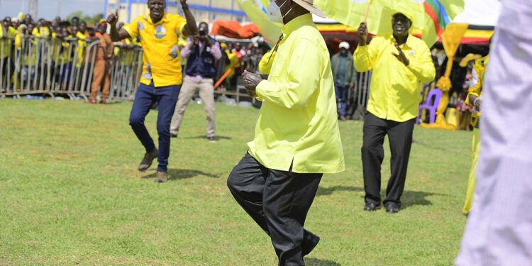 President Museveni energizes the crowd at the NRM Rally in Apac District.